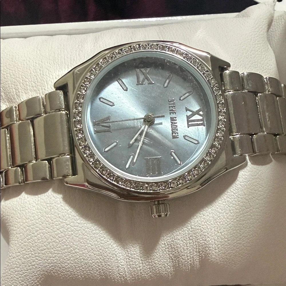 Steve Madden Silver Crystal-Trim Mother-of-Pearl Dial Watch